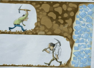 a cartoon of a man carrying a pickaxe going through a hole