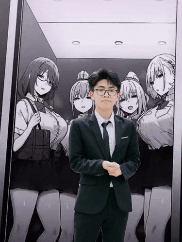 a man in a suit and tie stands in front of a group of anime girls in an elevator
