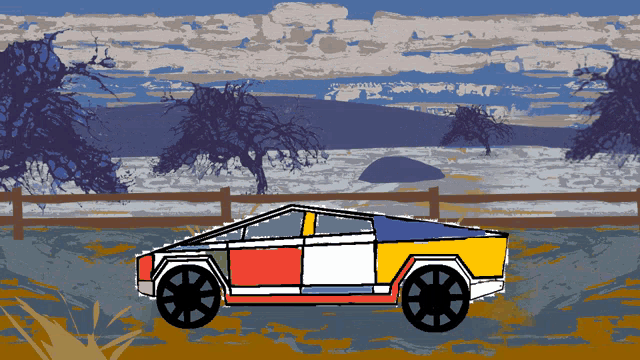 a drawing of a colorful car in a field with a fence in the background