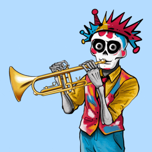 a cartoon drawing of a skeleton wearing a clown hat playing a trumpet