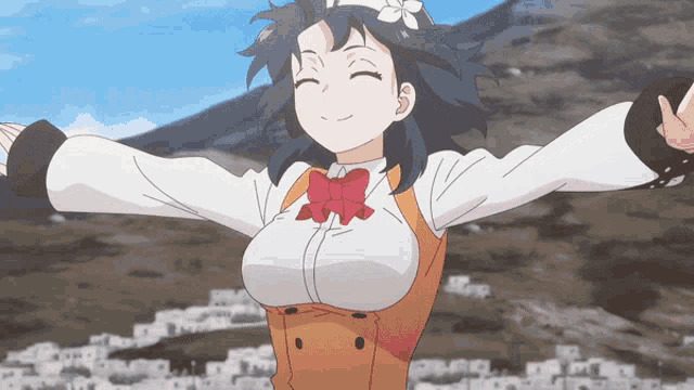 a cartoon girl with her arms outstretched is smiling
