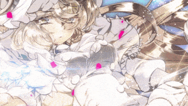a drawing of a girl in a white dress with pink flowers in her hair