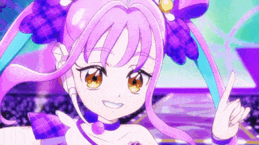 a girl with purple hair and a purple bow on her head is smiling