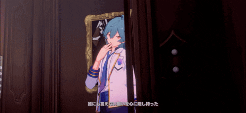 a boy with blue hair is standing in front of a painting in a room