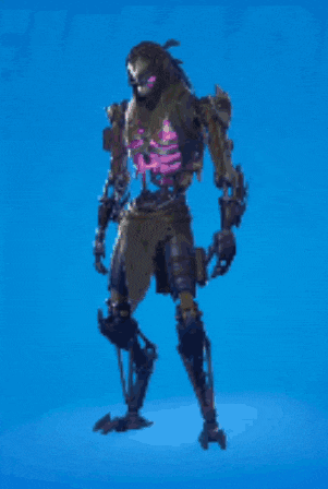 a skeleton with purple eyes and a purple shirt is standing on a blue background .