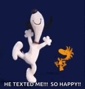 snoopy and woodstock are dancing together on a blue background . snoopy is smiling and woodstock is laughing .