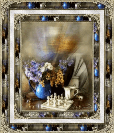 a framed picture of a vase of flowers and a chess board with a watermark that says ' angela ' on it