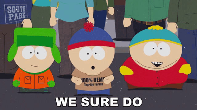 a group of south park characters are standing in front of a sign that reads south park