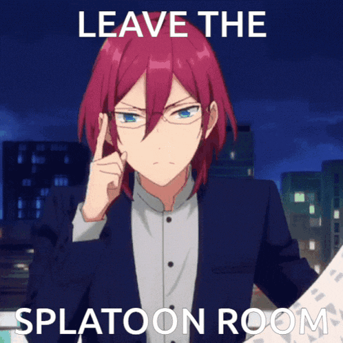 a man with red hair and glasses is holding a piece of paper and says " leave the splatoon room " on the bottom