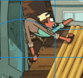 a cartoon character is sitting on a wooden table .