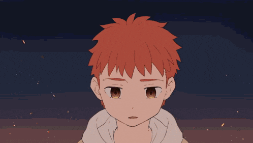 a drawing of a boy with red hair and a white shirt with his eyes closed