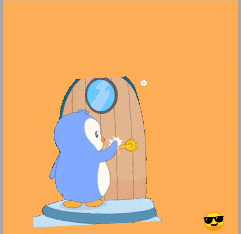 a penguin is opening a door with the words permisi ada orang tidak written above it