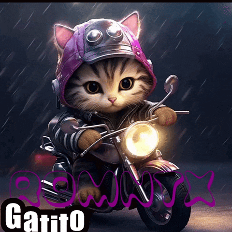 a cat wearing a helmet is riding a motorcycle with the name gatito written on the bottom