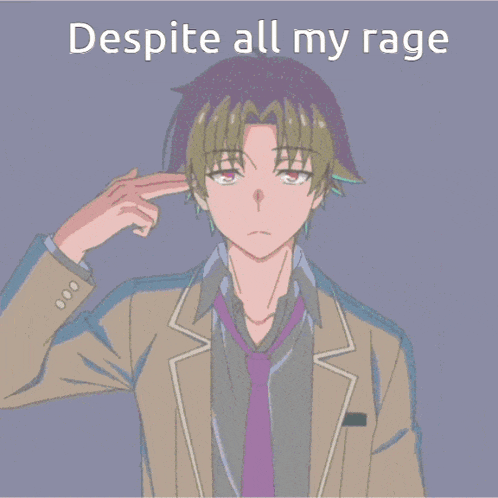 a man with purple eyes is pointing at his head with the words despite all my rage above him