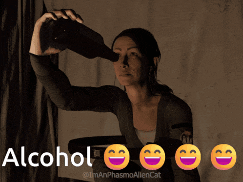 a woman is pouring a bottle of alcohol into her eye