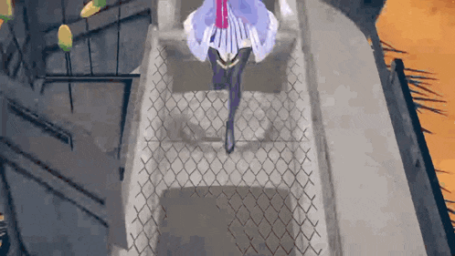 a woman in a purple dress is walking down a staircase