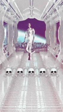 a row of skulls are lined up in a hallway