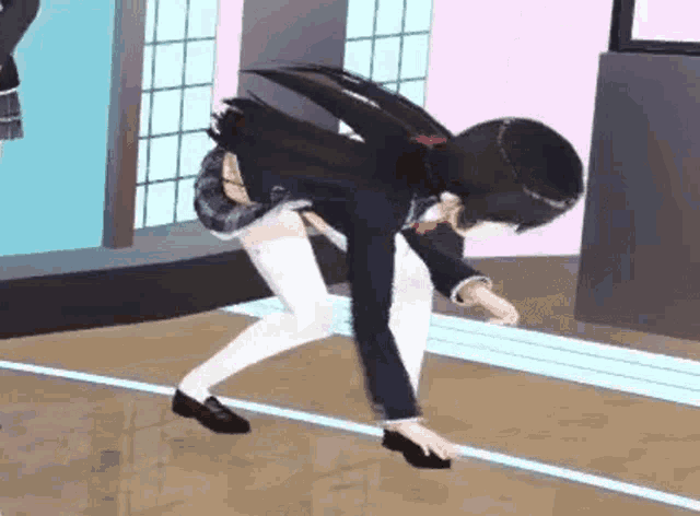 a 3d anime girl is standing on a wooden floor .