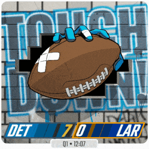 a cartoon drawing of a football being thrown through a hole in a brick wall