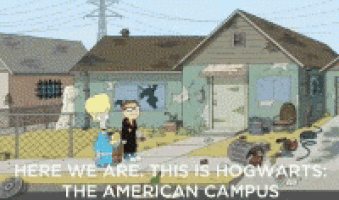 a cartoon of two people standing in front of a house with the words here we are this is hogwarts the american campus