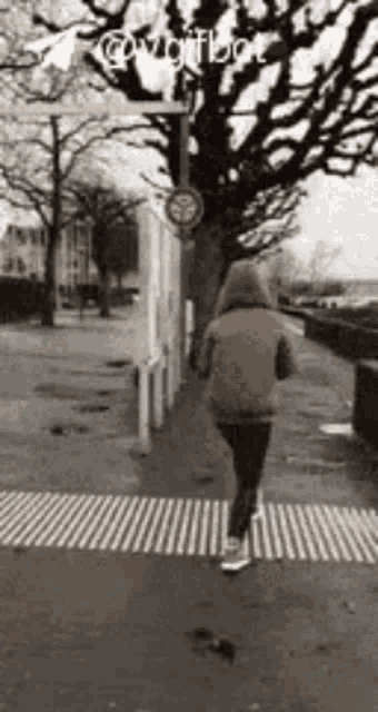 a person in a hooded jacket is walking across a street .