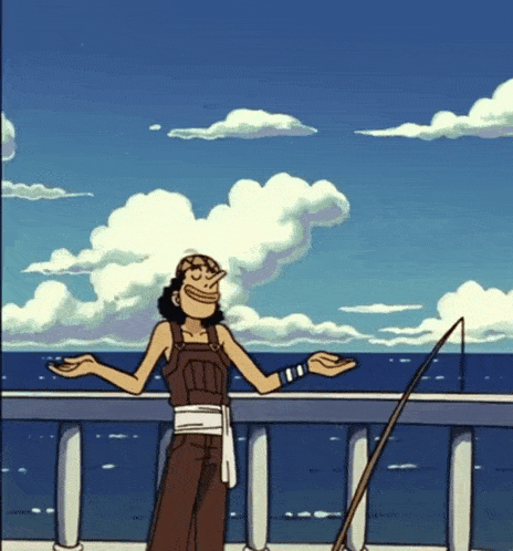 a cartoon of a man with a fishing rod in front of the ocean