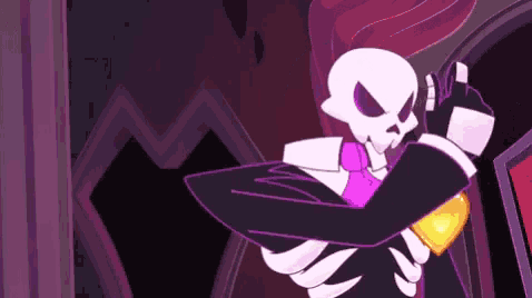 a cartoon skeleton is wearing a suit and tie and holding a sword .