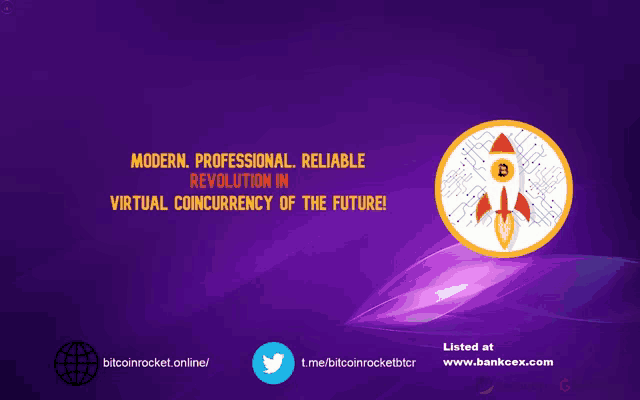 a purple background with a rocket and the words " modern professional reliable revolution in virtual coincurrency of the future "
