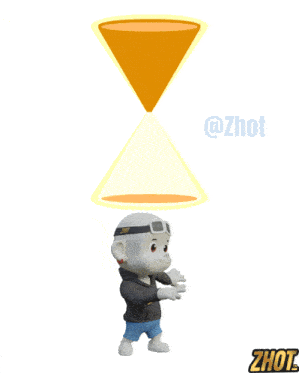 a cartoon character wearing a zhot shirt is standing in front of an hourglass