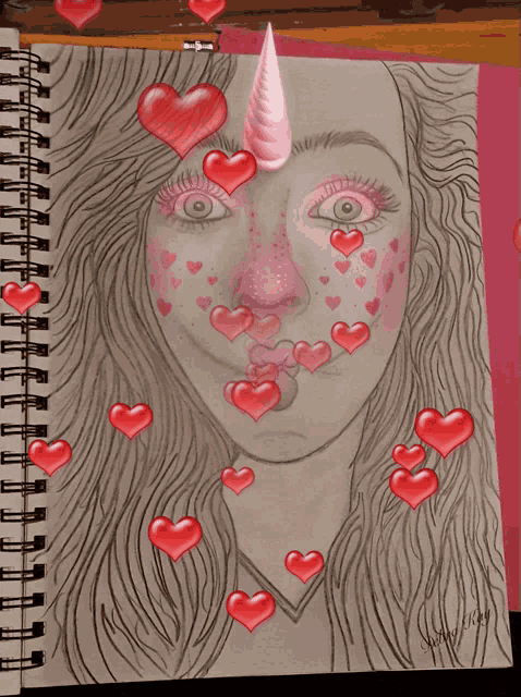 a drawing of a girl with hearts around her face and a unicorn horn