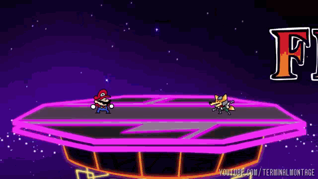 a cartoon of mario and a pokemon fighting on a platform with the letter f above them