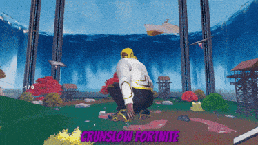 a video game called crunslow fortnite shows a man squatting down