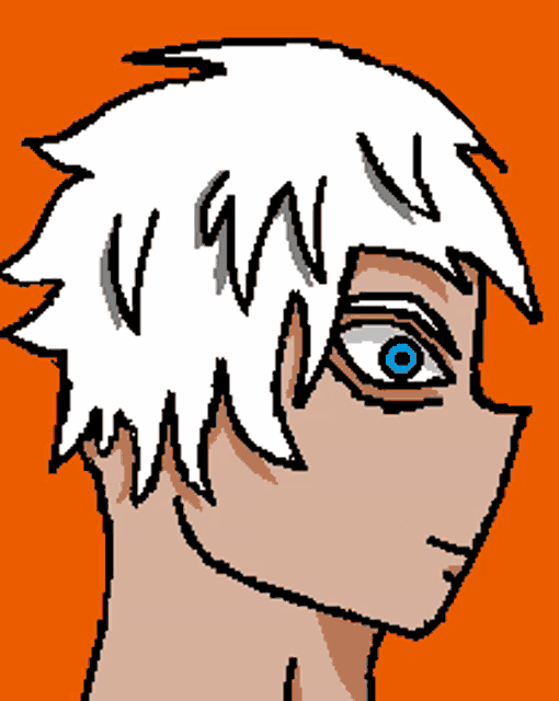 a pixel art drawing of a person 's face with white hair and blue eyes