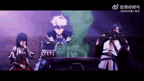 a group of anime characters standing around a cauldron with chinese writing on the bottom right