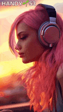 a woman with pink hair is wearing headphones and has the number 53 on the bottom
