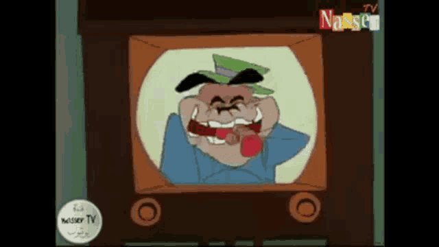 a cartoon of a man in a top hat talking on a telephone with nasser tv written on the bottom