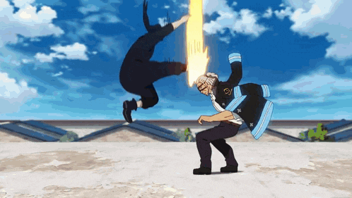 a man with a fireball coming out of his head is kicking another man