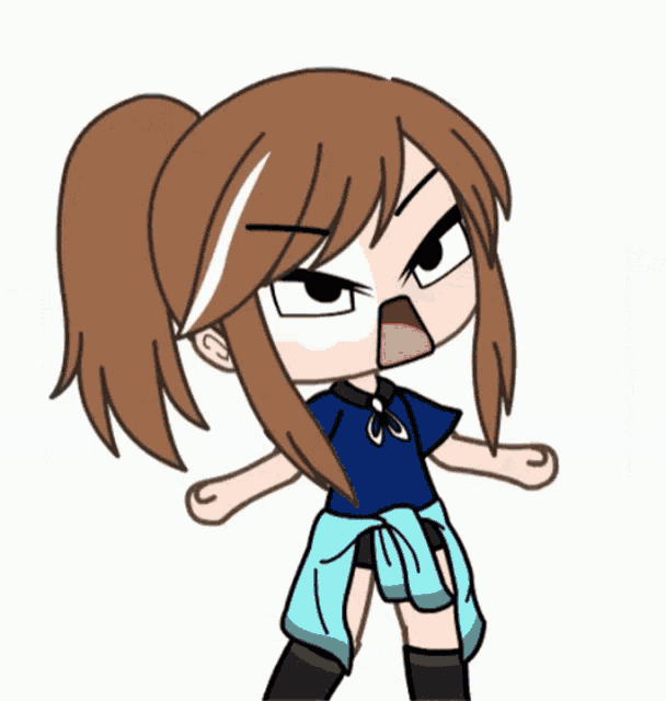 a cartoon girl with brown hair and a blue shirt is standing in front of a blue background