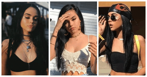 a collage of three pictures of a woman wearing a choker necklace and a crop top