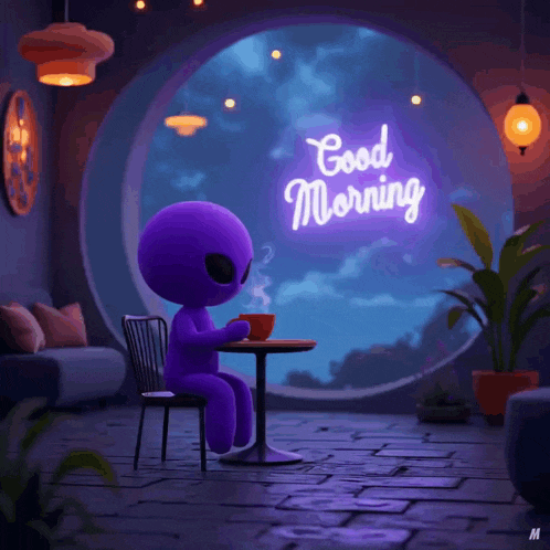 a purple alien is sitting at a table with a cup of coffee and a neon sign that says good morning