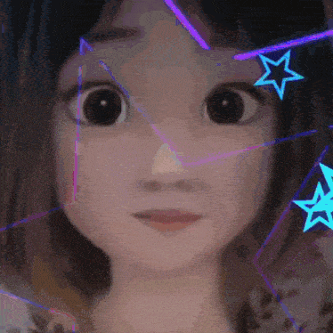 a close up of a doll 's face with purple and blue stars around it