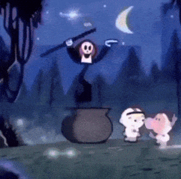 grim reaper is flying over a cauldron in a cartoon while two cartoon characters are standing next to him .