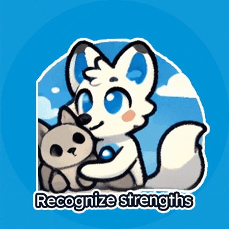 a cartoon of a fox holding a cat with the words recognize strengths written below it