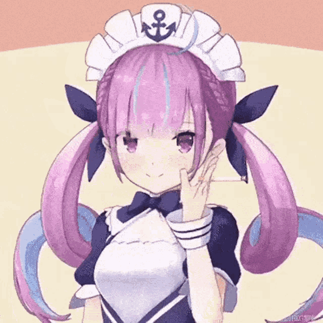 a girl with purple hair is wearing a maid outfit and an anchor on her hat .
