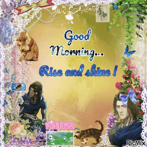 a collage of animals and flowers with the words good morning rise and shine on it