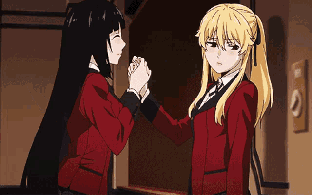 two anime girls are holding hands and one has a serious look on her face