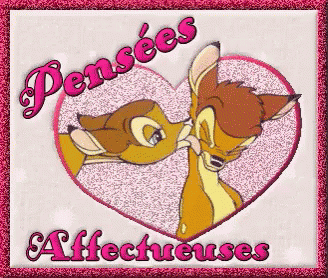 a picture of two deer kissing in a heart with the words pensees affectueuses