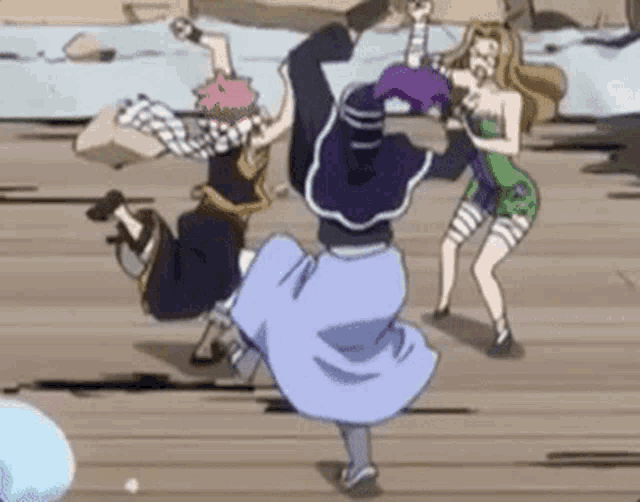 a group of cartoon characters are standing next to each other on a wooden floor .