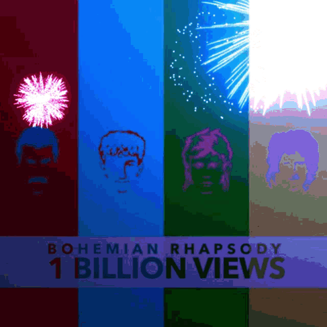 a poster for bohemian rhapsody shows fireworks and four faces