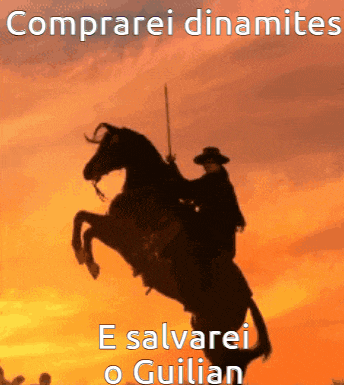 a silhouette of a man riding a horse with the words comprarei dinamites